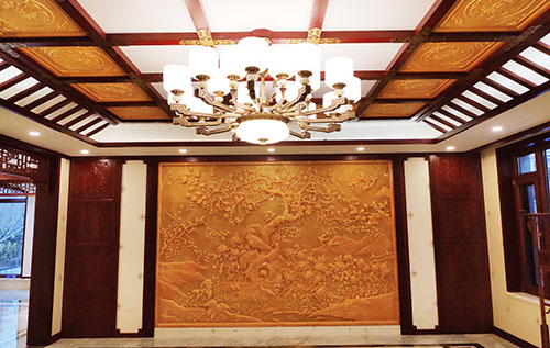 屯昌中式别墅客厅中式木作横梁吊顶装饰展示